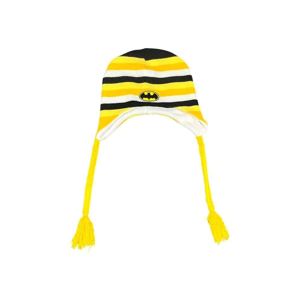 Batman DC Comics Striped Laplander Beanie Hat Yellow Black White Ear Flaps OSFM